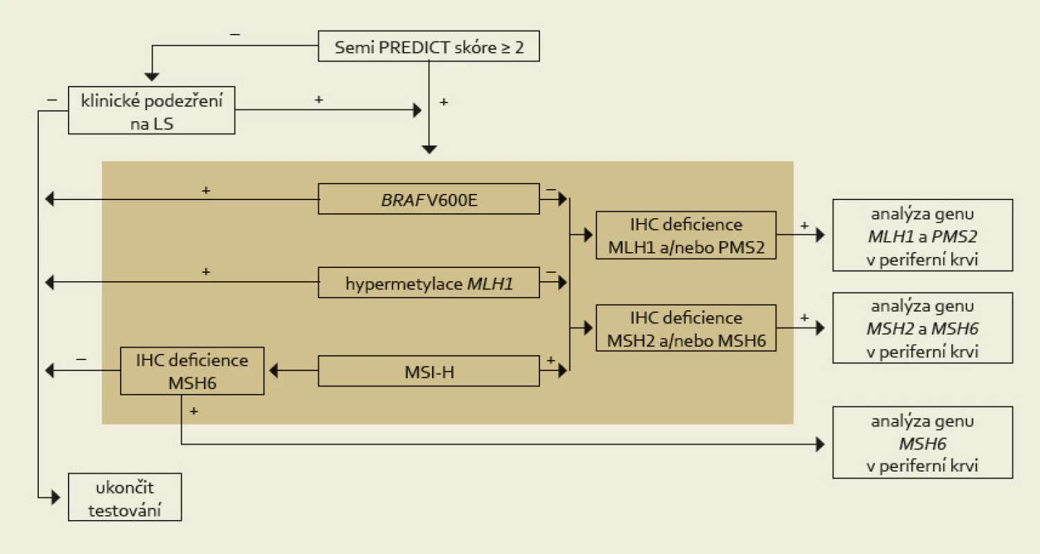 Komplexní management diagnostiky Lynchova syndromu. Na základě mikroskopického nálezu MSI-H histologie (nebo klinické žádosti) je proveden komplex vyšetření situovaný do hnědého obdélníku, který sestává z imunohistochemického vyšetření exprese MMR proteinů, analýzy MSI, metylace promotoru &lt;em&gt;MLH1&lt;/em&gt; a stavu genu &lt;em&gt;BRAF&lt;/em&gt;. Tyto metody jsou v současné době na našem pracovišti z časových důvodů prováděny simultánně. K dalšímu genetickému vyšetření zárodečných mutací MMR genů jsou primárně vybráni pacienti s MSI-H tumory bez mutace &lt;em&gt;BRAF&lt;/em&gt; a bez hypermetylace promotoru genu &lt;em&gt;MLH1&lt;/em&gt;. Za zvláštních okolností (zejména při ztrátě imunoexprese MSH6) je však vhodné testovat i MSS karcinomy (převzato z webu http://www.lynch.cz). 
Fig. 2. Comprehensive management of Lynch syndrome diagnosis. Based on the microscopic finding of MSI-H histology (or clinical request), a complex of examinations is made (situated in the brown rectangle), which consist of immunohistochemical examination of the expression of MMR proteins, MSI analysis, methylation of the &lt;em&gt;MLH1&lt;/em&gt; promoter, and &lt;em&gt;BRAF&lt;/em&gt; gene status. These methods are currently performed simultaneously in our department because of the time conditions. Further genetic testing of germ-line mutations of MMR genes is primarily made in patients with MSI-H tumors without &lt;em&gt;BRAF&lt;/em&gt; mutations and without &lt;em&gt;MLH1&lt;/em&gt; gene promoter hypermethylation. Under special circumstances (especially the loss of MSH6 immunoexpression) it is appropriate to test also MSS carcinoma (taken from website http://www.lynch.cz).