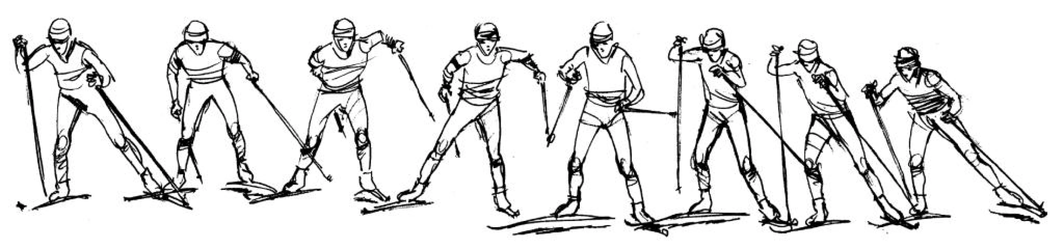 Průběh pohybu při asymetrickém oboustranném dvoudobém bruslení na lyžích, orientovaném na pravou stranu.