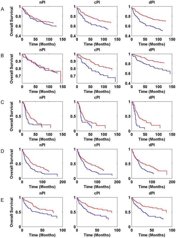 Kaplan-Meier curves for nPI, cPI and dPI signatures in various cancer datasets.