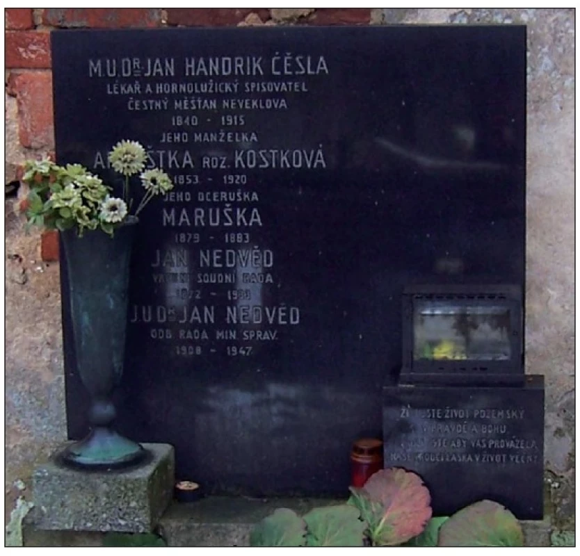 Hrob rodiny Dr. Jana Handrika-Ćěšly na neveklovském hřbitově (foto autor).