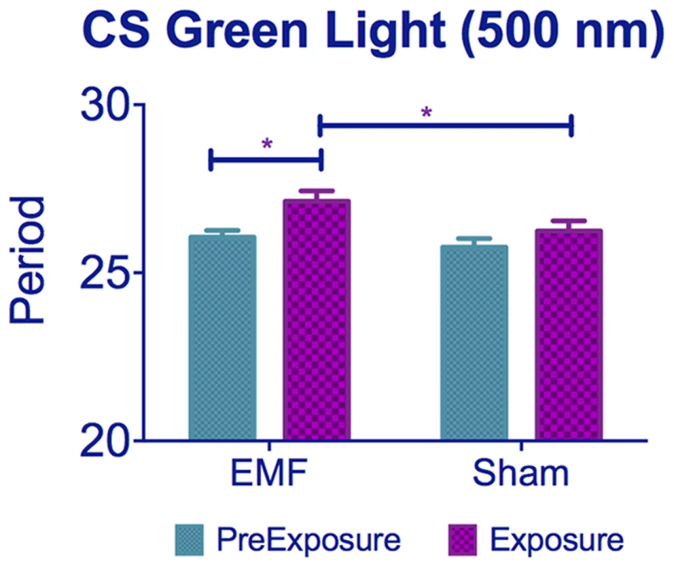 Exposure to 500 nm green light lengthens circadian period under EMF.