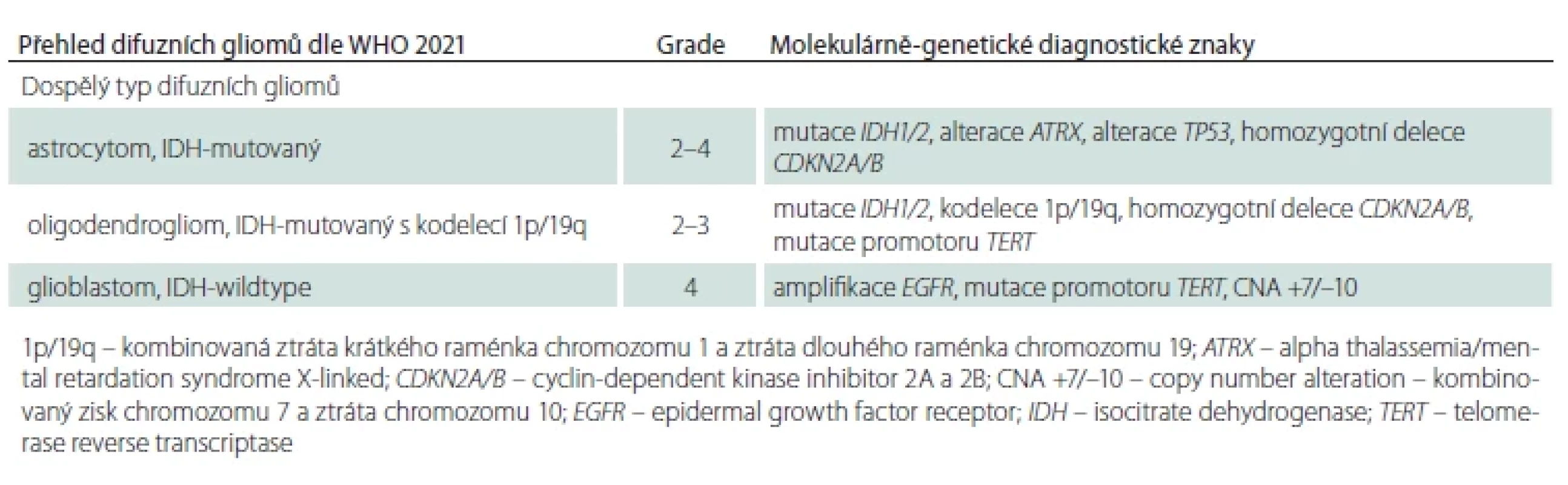 Přehled difuzních gliomů dle WHO 2021 vč. WHO CNS gradu přiřazeného k jednotlivým diagnostickým jednotkám a diagnostických genetických alterací.
