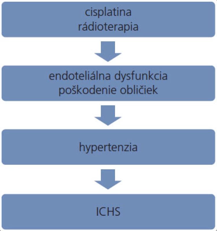 Možný patomechanizmus podieľajúci sa na zvýšenom výskyte ICHS u pacientov po liečbe nádorov testis. ICHS – ischemická choroba srdca.