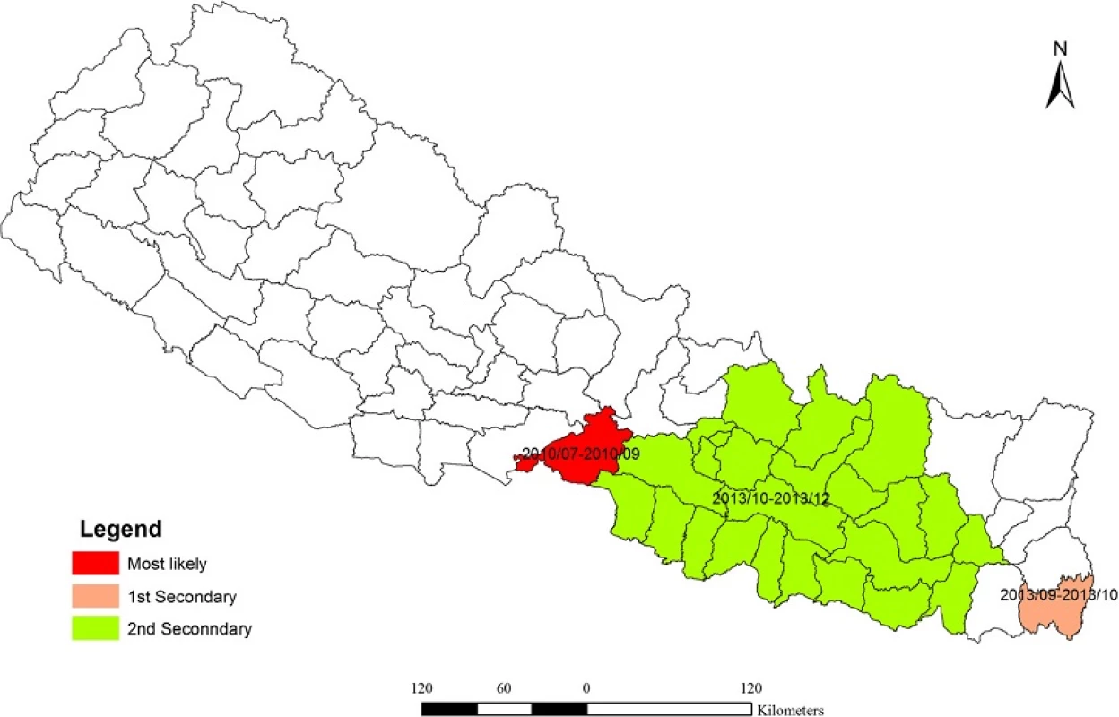 Distribution of spatiotemporal clusters of dengue fever in Nepal (2010–2014)