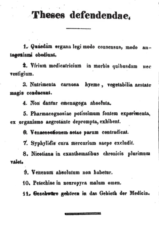 Theses defendendae v disertaci J. Baumanna „De nicotiana tabaco“ z roku 1836