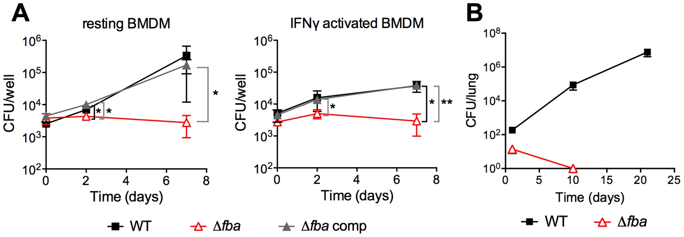 FBA is required for replication in macrophages and growth and survival in mouse lungs.