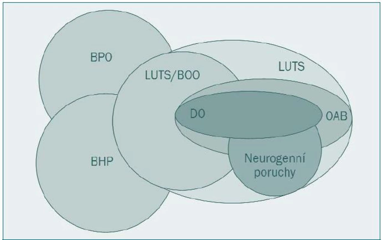 Vztah jednotlivých skupin a podskupin symptomů dolních močových cest u mužů.
BPO - benigní prostatická obstrukce
BHP - benigní hyperplazie prostaty (histologická diagnóza)
DO - hyperaktivita detruzoru
LUTS/BOO - symptomy dolních močových cest způsobené obstrukcí dolních močových cest
OAB - hyperaktivita močového měchýře
LUTS - symptomy dolních močových cest