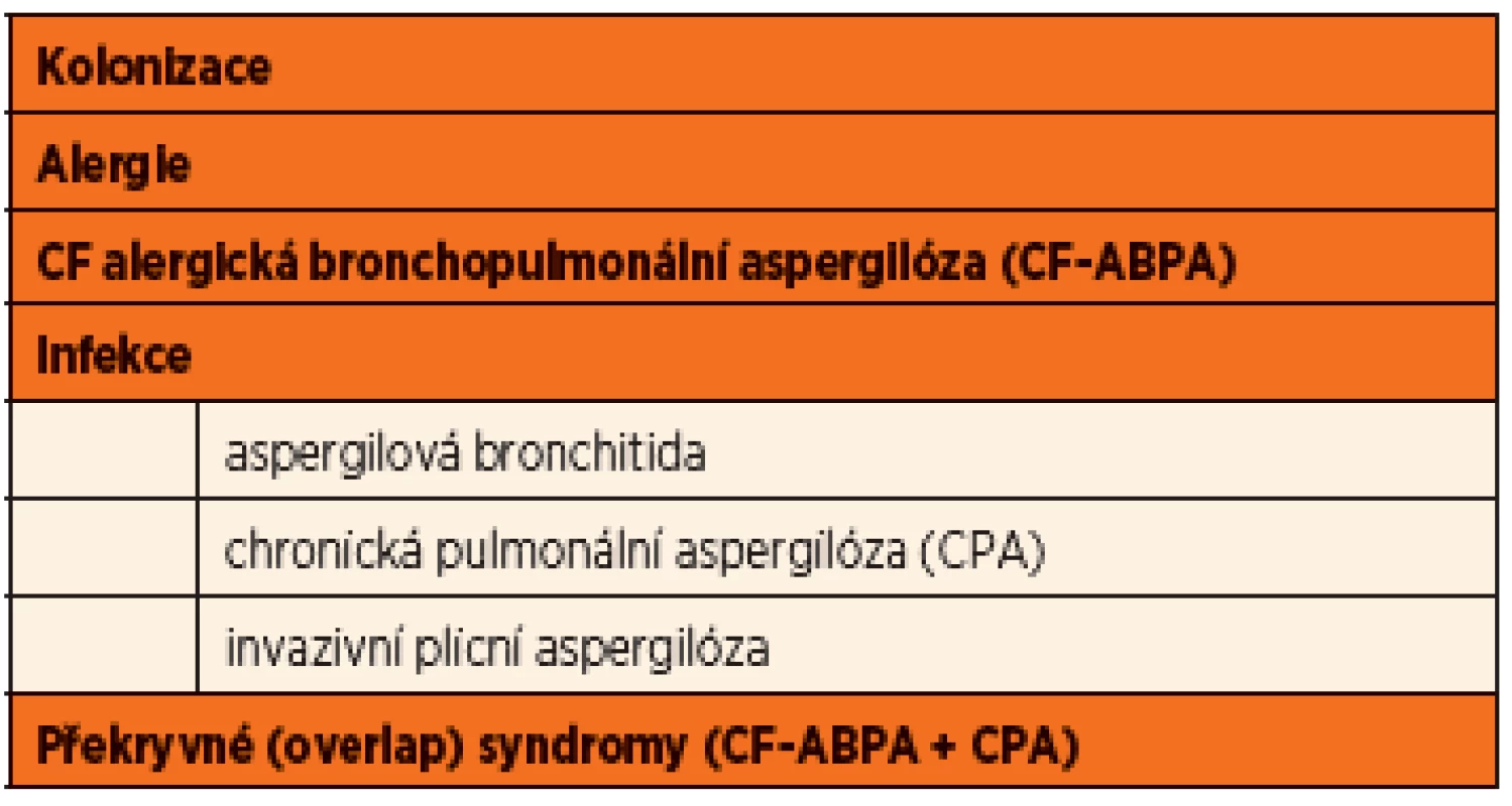 Formy onemocnění spojené s přítomností &lt;em&gt;Aspergillus fumigatus&lt;/em&gt; pacientů s CF (upraveno dle Mosse, 2013).