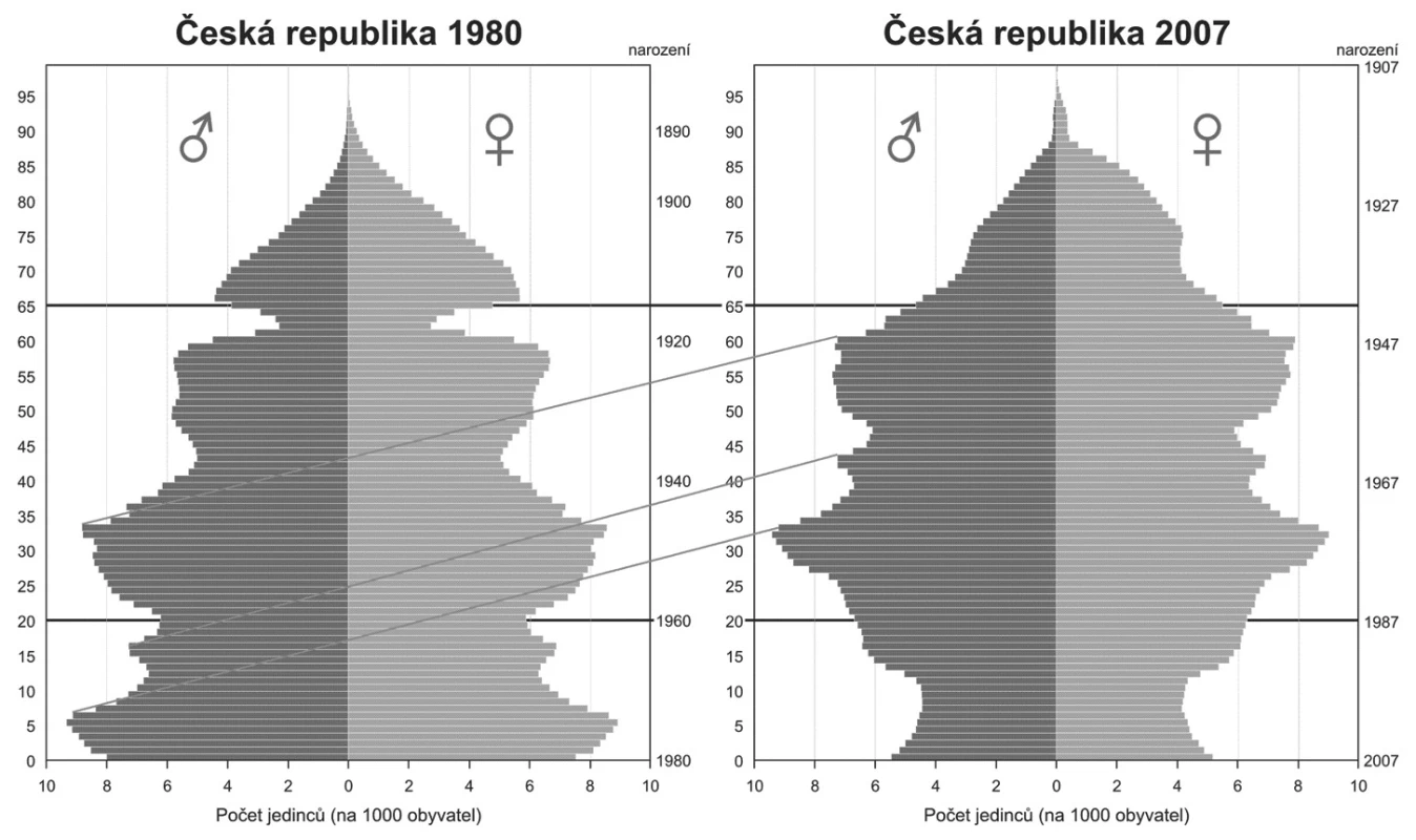 Demografické pyramidy naší domácí populace z roku 1980 a 2007