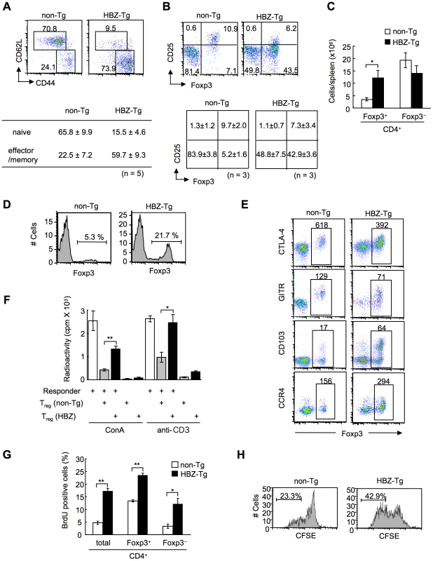 Transgenic expression of HBZ in CD4<sup>+</sup> T cells increases Foxp3<sup>+</sup> T<sub>reg</sub> cells with impaired suppressive function.