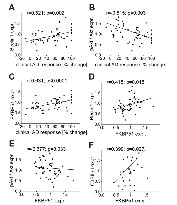 Correlation of the expression of FKBP51, pAkt, and Beclin1 with clinical antidepressant response, and of the autophagic markers Beclin1, pAkt, and LC3B-II/I with FKBP51.