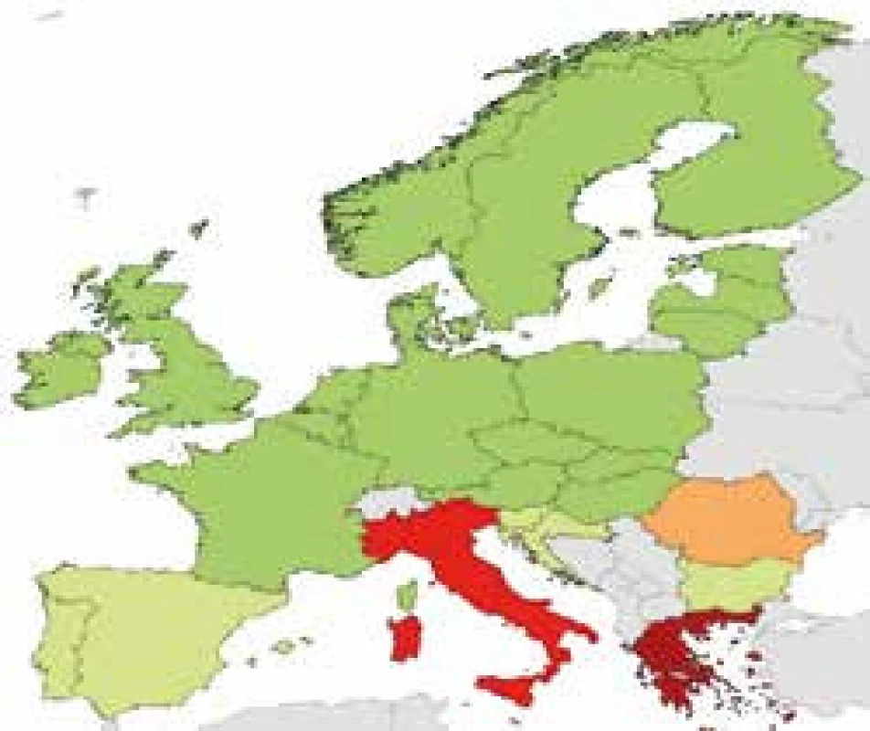 Klebsiella pneumoniae, rezistence ke karbapenemům, ČR 2015 0,3 %, Itálie 33,5 %, Řecko 61,9 %