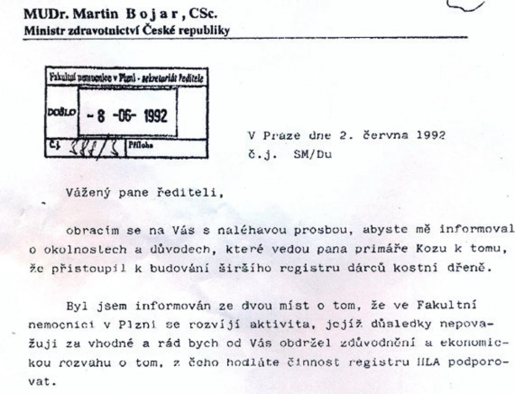 Negativní stanovisko MZd k zakládání registru v červnu 1992