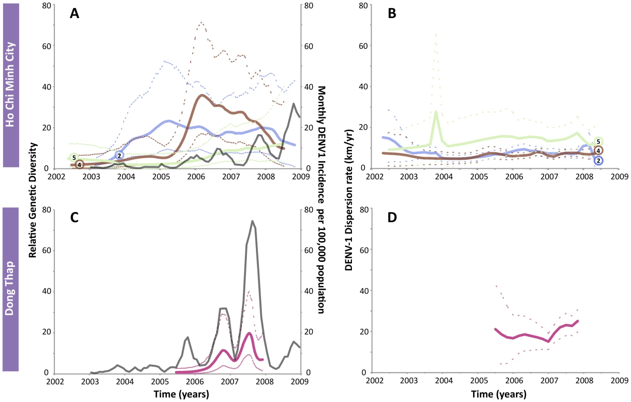 The genetic diversity, dengue incidence rate, and dispersion rates of DENV-1 in HCMC and Dong Thap.