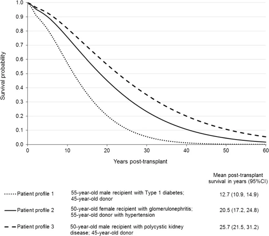 Extrapolated survival curves with mean predicted survival for three different patient profiles