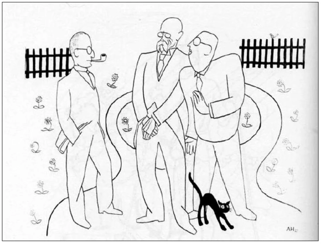 F. Langer s T.G.M a J. Čapkem. Kresba od A. Hoffmeistera.