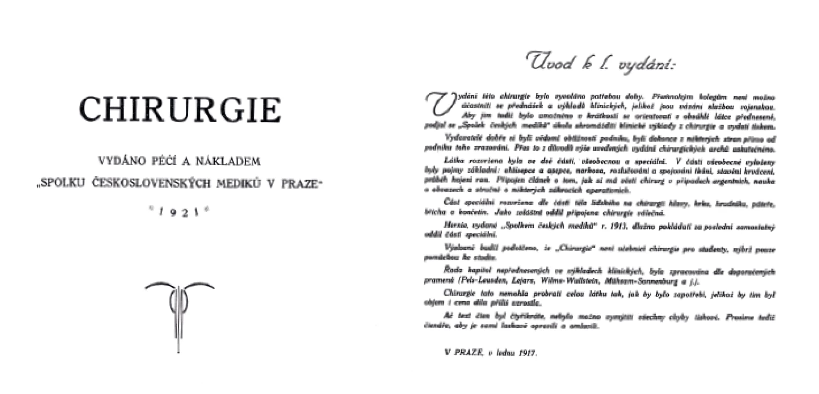 Titulní stránka a úvod učebnice chirurgie z r. 1917/1921