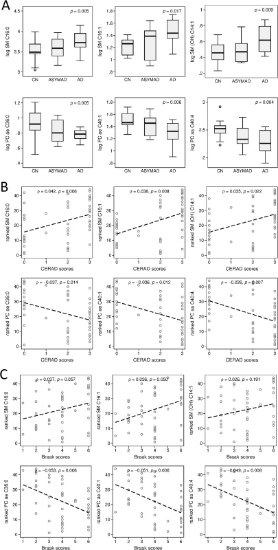 Associations between brain tissue metabolite concentration and clinical groups, CERAD scores, and Braak scores.