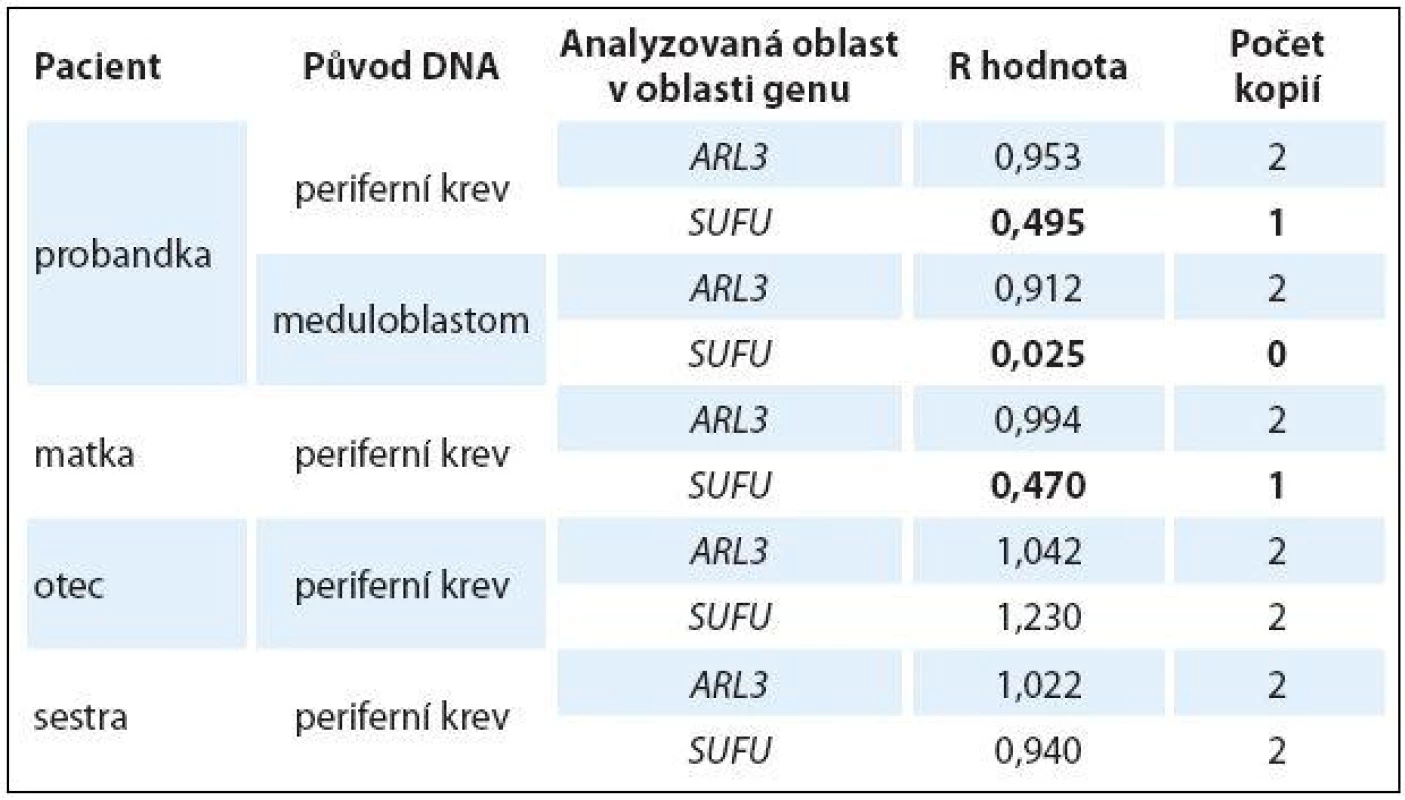 Výsledné hodnoty R zjištěné pomocí techniky qPCR, jež udávají počet kopií DNA v analyzované oblasti u jednotlivých členů rodiny.