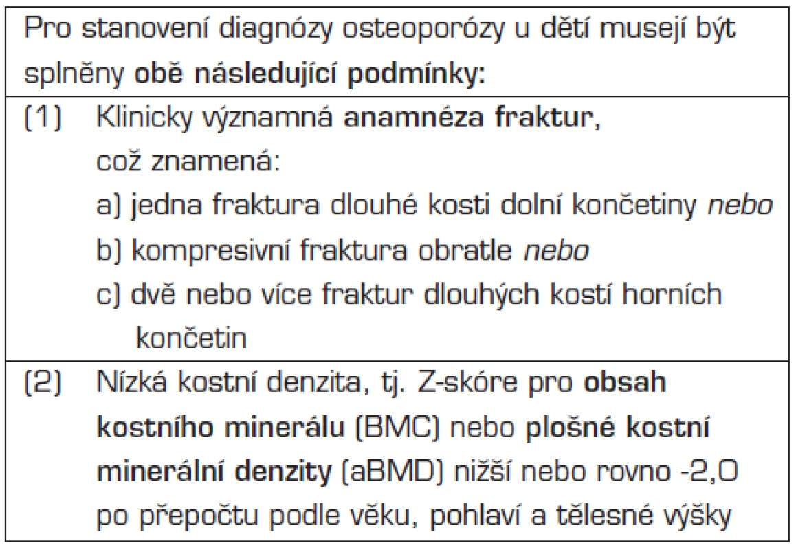 Diagnostická kritéria osteoporózy u dětí a adolescentů na základě konsensu Mezinárodní společnosti klinické denzitometrie z roku 2007.