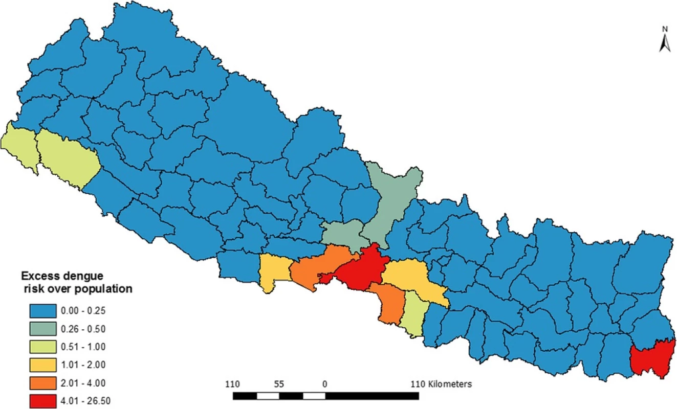 Excess hazard map of dengue fever in Nepal (2010–2014)