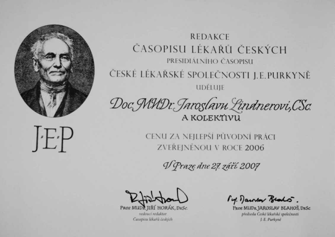 Diplom za nejlepší původní práci Časopisu lékařů českých v roce 2006