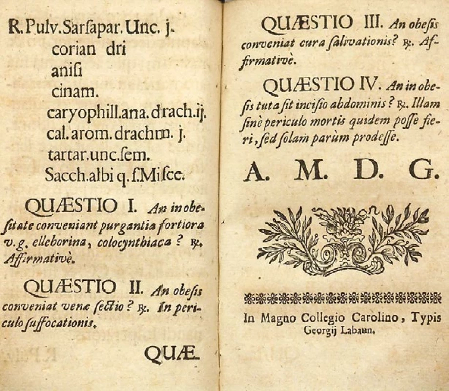 Theses defendendae v disertaci F. I. Hossauera „De obesitate“ z roku 1714