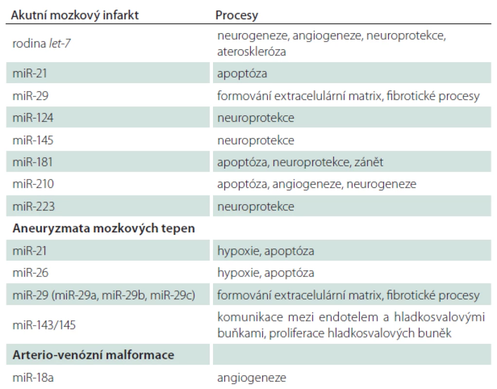 Vybrané kandidátní miRNA u cerebrovaskulárních onemocnění.