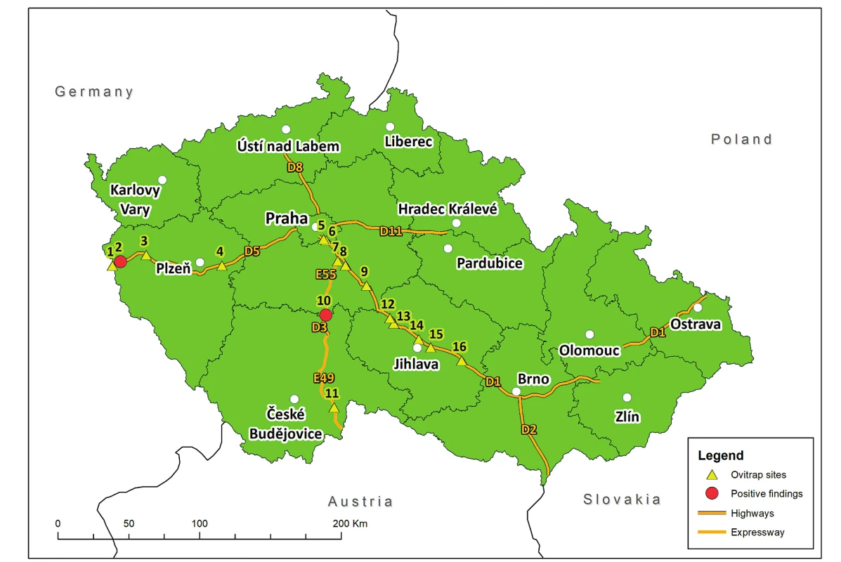 Map of the Asian tiger mosquito (&lt;em&gt;Ae. albopictus&lt;/em&gt;) monitoring in Bohemia