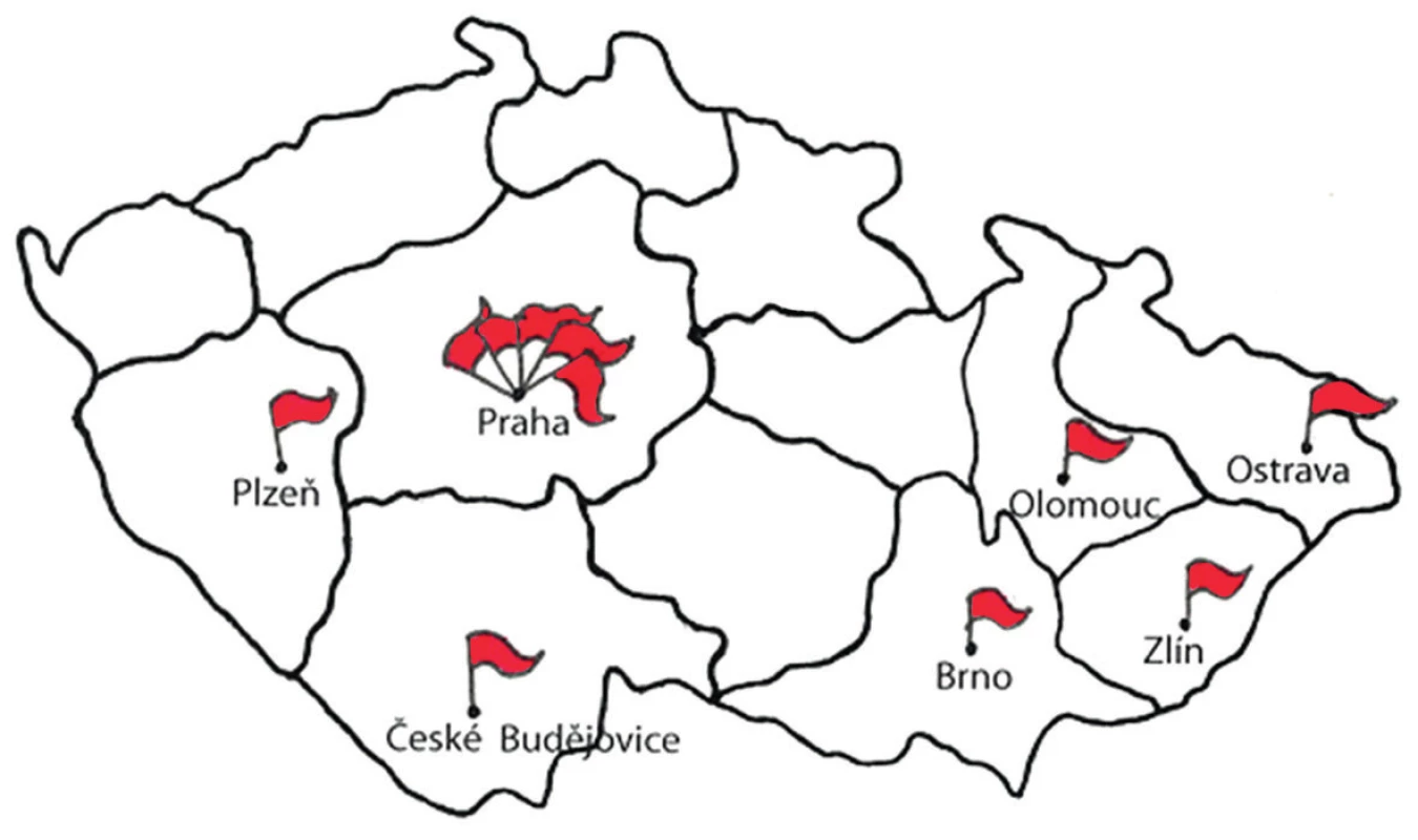 Mikrobiologická pracoviště, která poskytla data do studie – rozložení v ČR
Figure 1. Geographical distribution of the participating microbiological laboratories in the Czech Republic