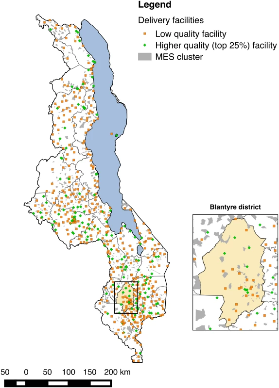 Distribution of health facilities in Malawi relative to MES enumeration areas and magnification of Blantyre district and city.