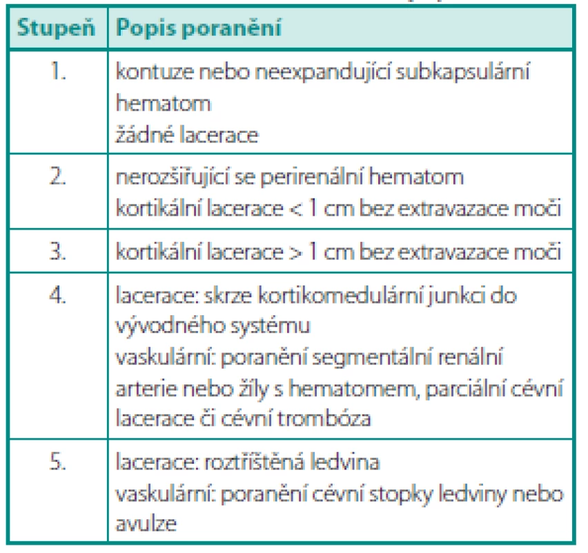 Klasifikace poranění ledvin dle AAST (American Asociation for the Surgery of Trauma (1))
Table 1. AAST classification of renal injury