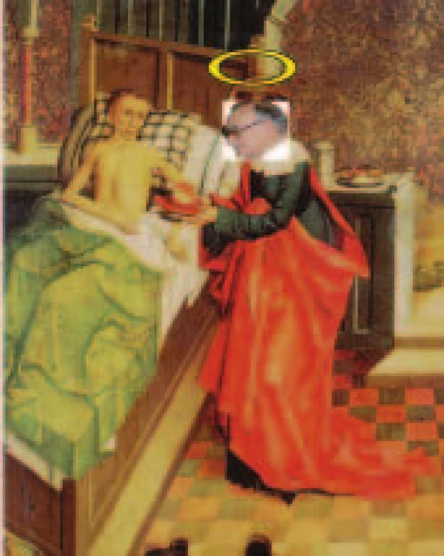 Prof. Marek u lůžka nemocného, jak jej viděl Mistr křížovnického oltáře v roce 1492.