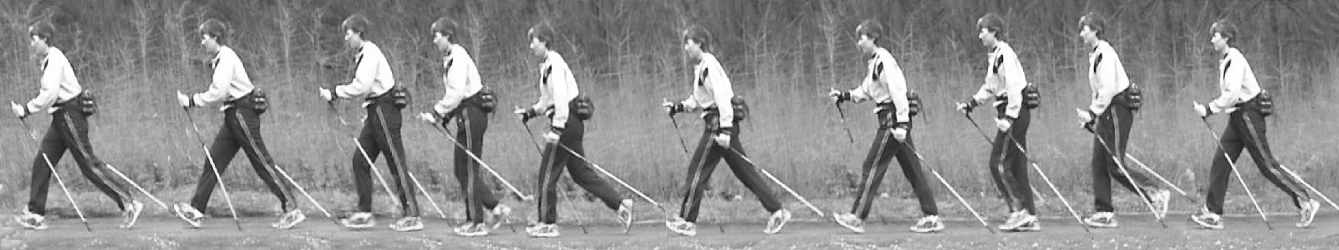 Jeden krokový cyklus probandky při chůzi s holemi (nordic walking).