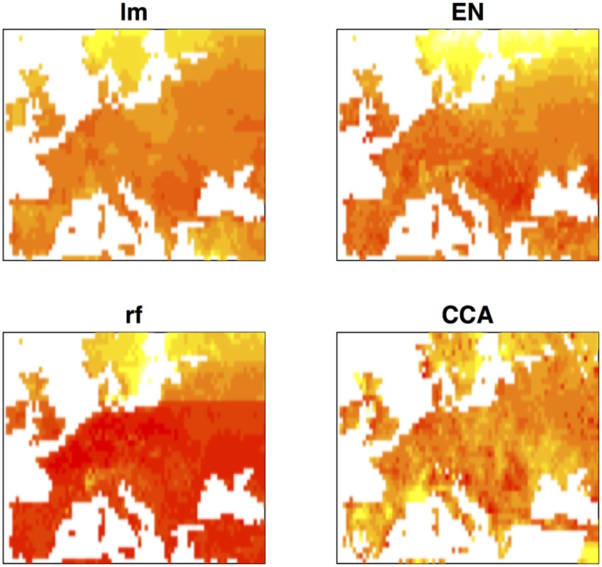 Geographic maps of predicted trait values for the different prediction methods.