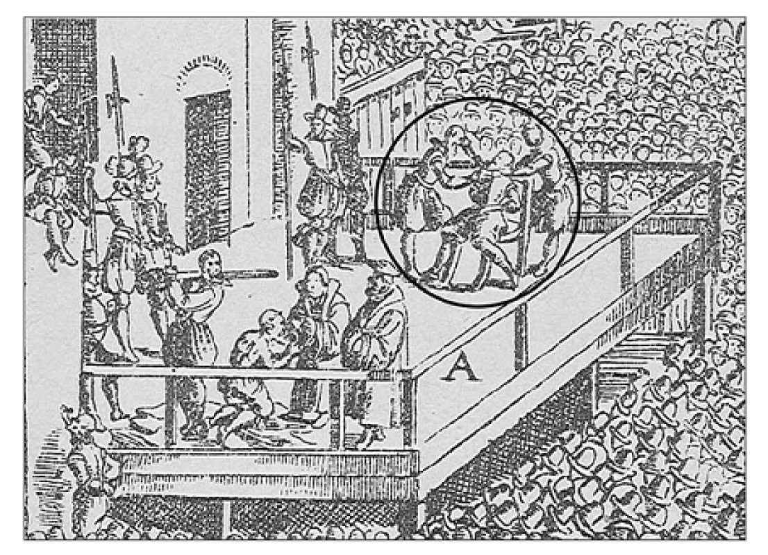 Detail Jesseniova mučení z popravy na Staroměstském náměstí dne 21. 6. 1621