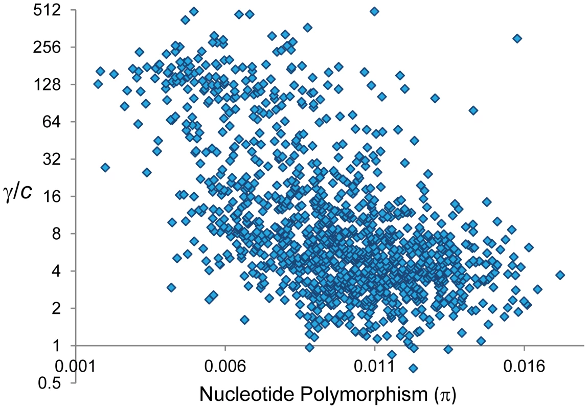 Relationship between nucleotide polymorphism (π) and the ratio γ/<i>c</i>.