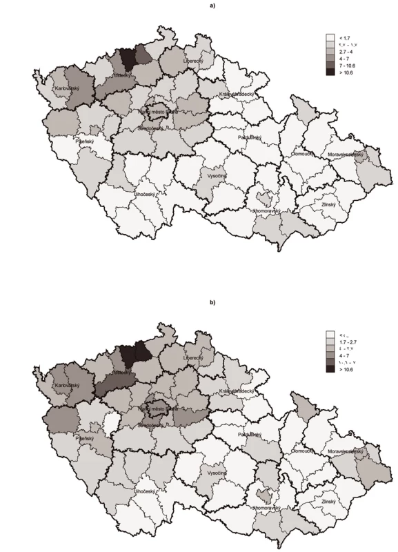 Odhad počtu PUD celkem v ČR v letech 2006 (a) a 2007 (b) podle okresů
Fig. 1 Overall PDU estimates in the Czech Republic in 2006 (a) and 2007 (b) by district