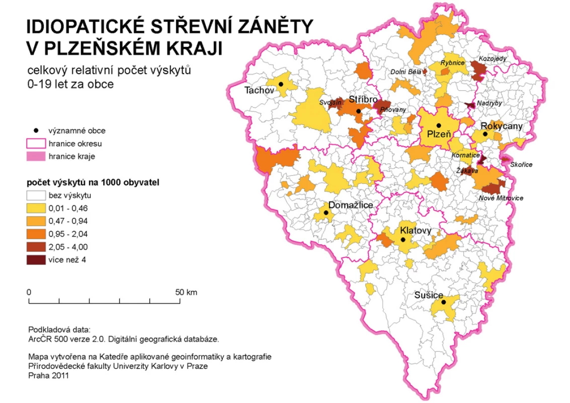 Celkový relativní počet výskytů idiopatických střevních zánětů (IBD) v obcích Plzeňského kraje (PLK) u dětí do 19 let.