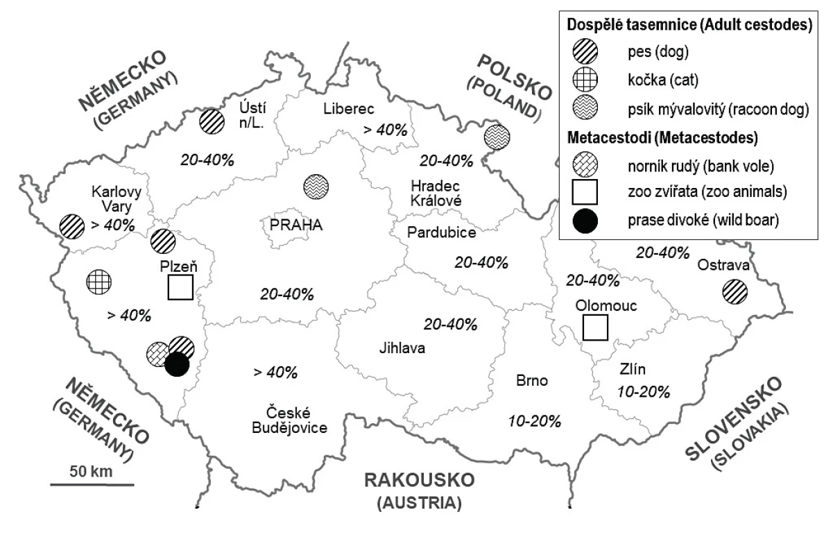 Výskyt &lt;i&gt;Echinococcus multilocularis&lt;/i&gt; u lišek &lt;i&gt;(Vulpes vulpes)&lt;/i&gt; v České republice v období 1995–2015
Kurzívou je vyznačena odhadovaná prevalence dospělými tasemnicemi v jednotlivých krajích [35–37, 53–56, 62]. Mapa zahrnuje rovněž nálezy adultů [57–61] a metacestodů [65–67] u dalších druhů zvířat (viz rámeček).
Figure 4. The occurrence of &lt;i&gt;Echinococcus multilocularis&lt;/i&gt; in red foxes &lt;i&gt;(Vulpes vulpes)&lt;/i&gt; in the Czech Republic during a period of 1995–2015
In italics, the estimated prevalence by adult cestodes in particular regions [35–37, 53–56, 62]. Map also includes the findings of adult cestodes [57–61] as well as metacestodes [65–67] in other animal species (see the frame).
