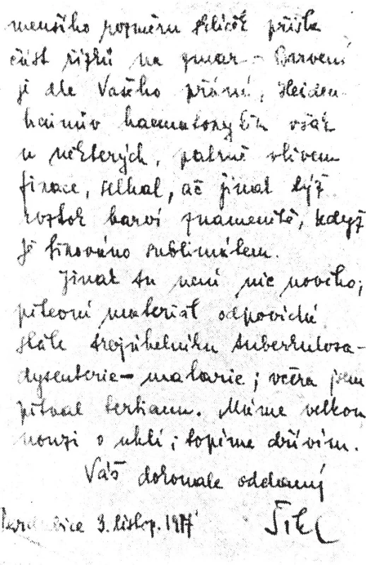 Část dopisu prof. H. Šikla prof. J. Hlavovi ze 3. listopadu 1917.