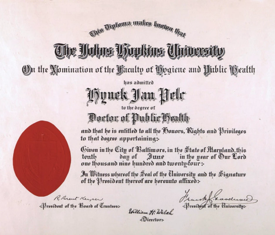 John Hopkins University of Baltimore uděluje H. J. Pelcovi titul „Doctor of Public Health“ v roce 1924