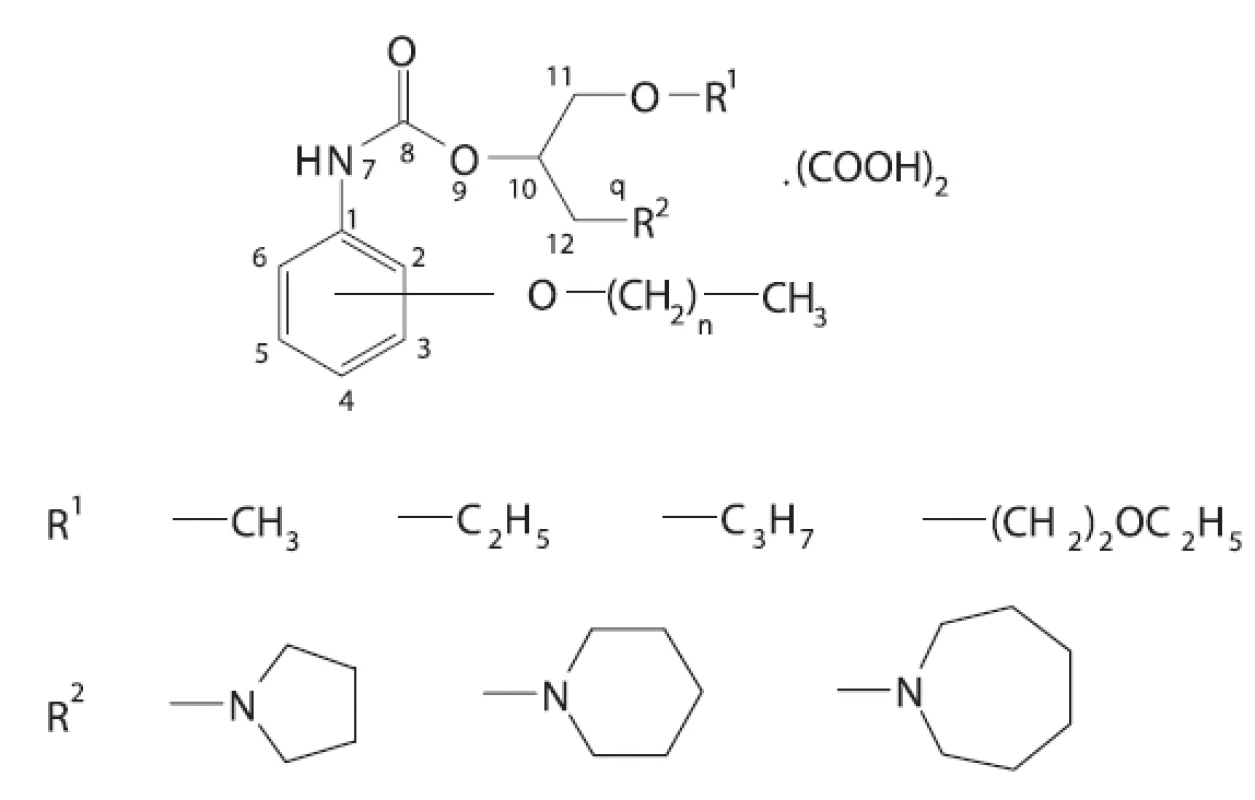Štruktúra študovaných derivátov alkoxyfenylkarbámových kyselín, n = 2 – 6 (dĺžka postranného reťazca)