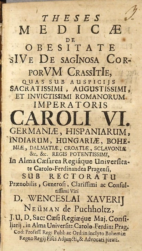 Titulní list disertace F. I. Hossauera „De obesitate“ z roku 1714