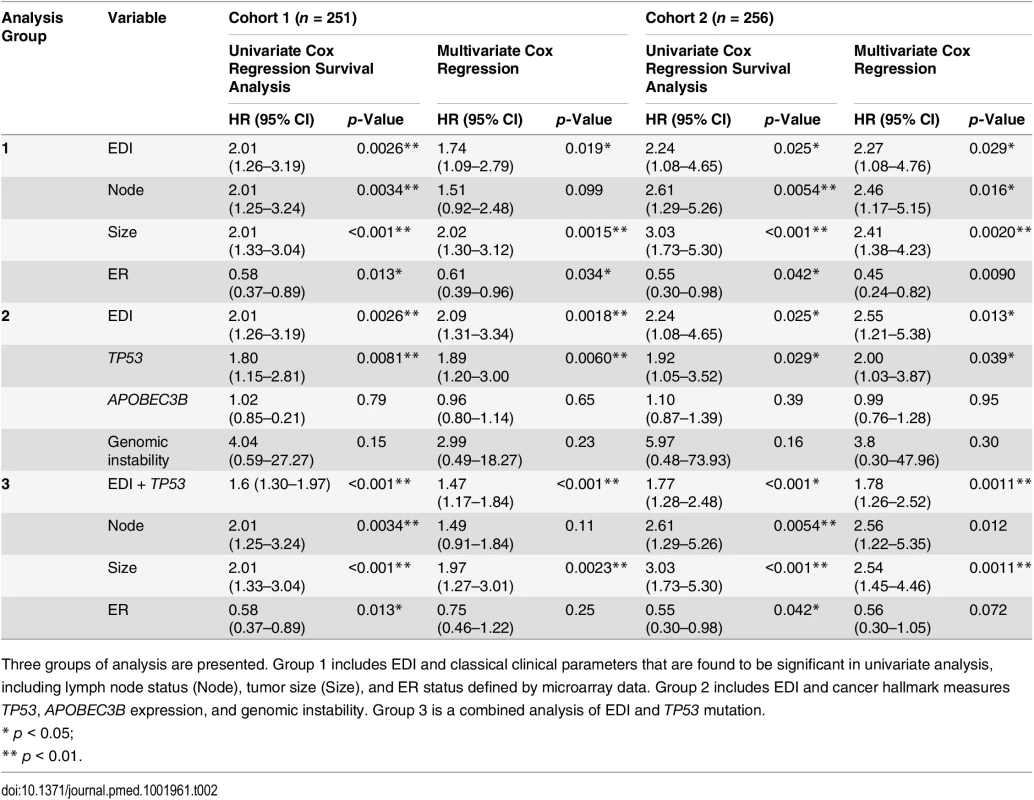 Univariate and multivariate analysis of the prognostic value of EDI for disease-specific survival in two cohorts of grade 3 breast cancer patients.