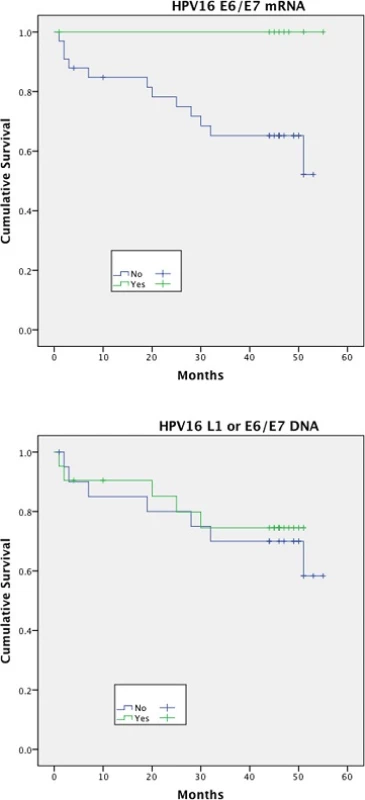 Disease free survival (DFS)&lt;sup&gt;†&lt;/sup&gt; stratified by HPV mRNA/DNA (Log- Rank multiple regression analysis &lt;i&gt;p&lt;/i&gt; = 0.04 and &lt;i&gt;p&lt;/i&gt; = 0.68, respectively)