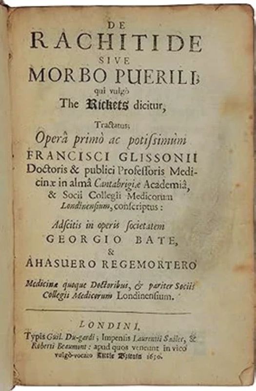 Studie F. Glissona z r. 1650, v níž se poprvé objevuje slovo rachitida
