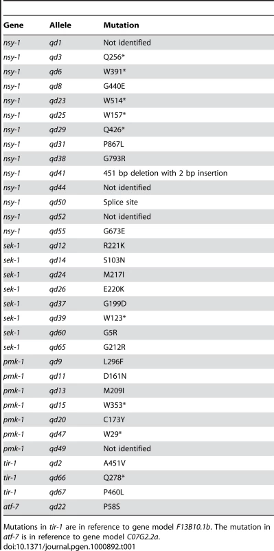 List of isolates from a screen for mutants with diminished GFP expression from the <i>agIs219</i> transgene and enhanced susceptibility to killing by <i>P. aeruginosa</i> PA14.