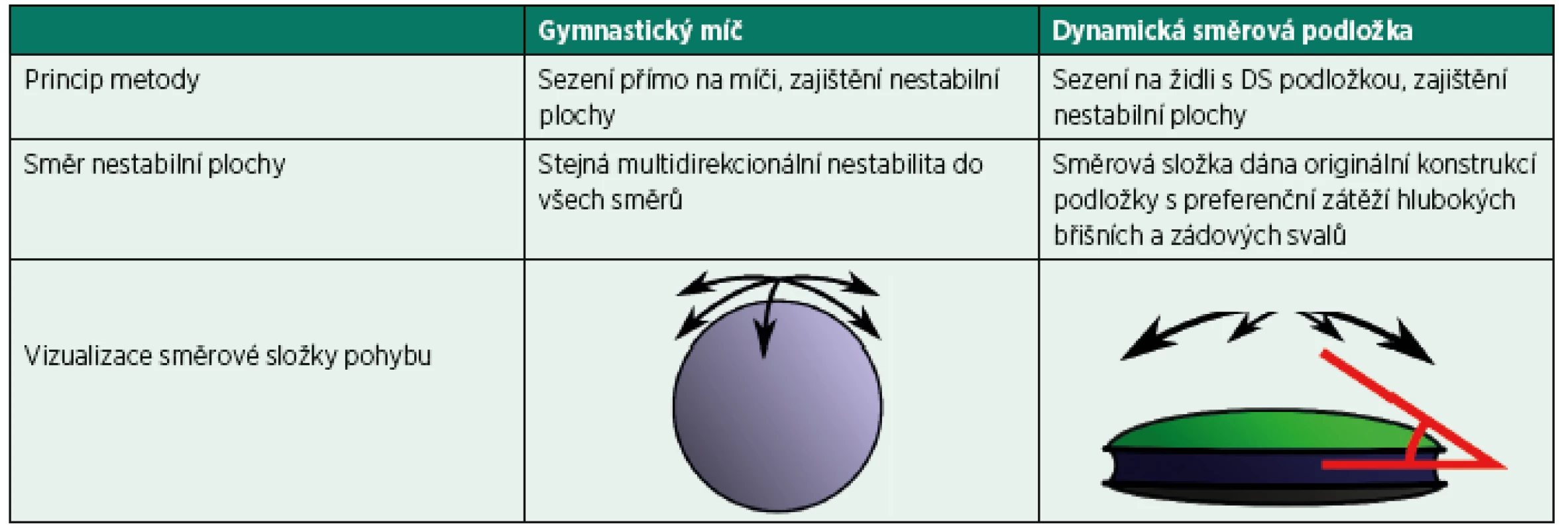 Porovnání principu gymnastické ho míče a dynamické směrové podložky při sedu v rámci rehabilitace při bolestech bederní páteře.