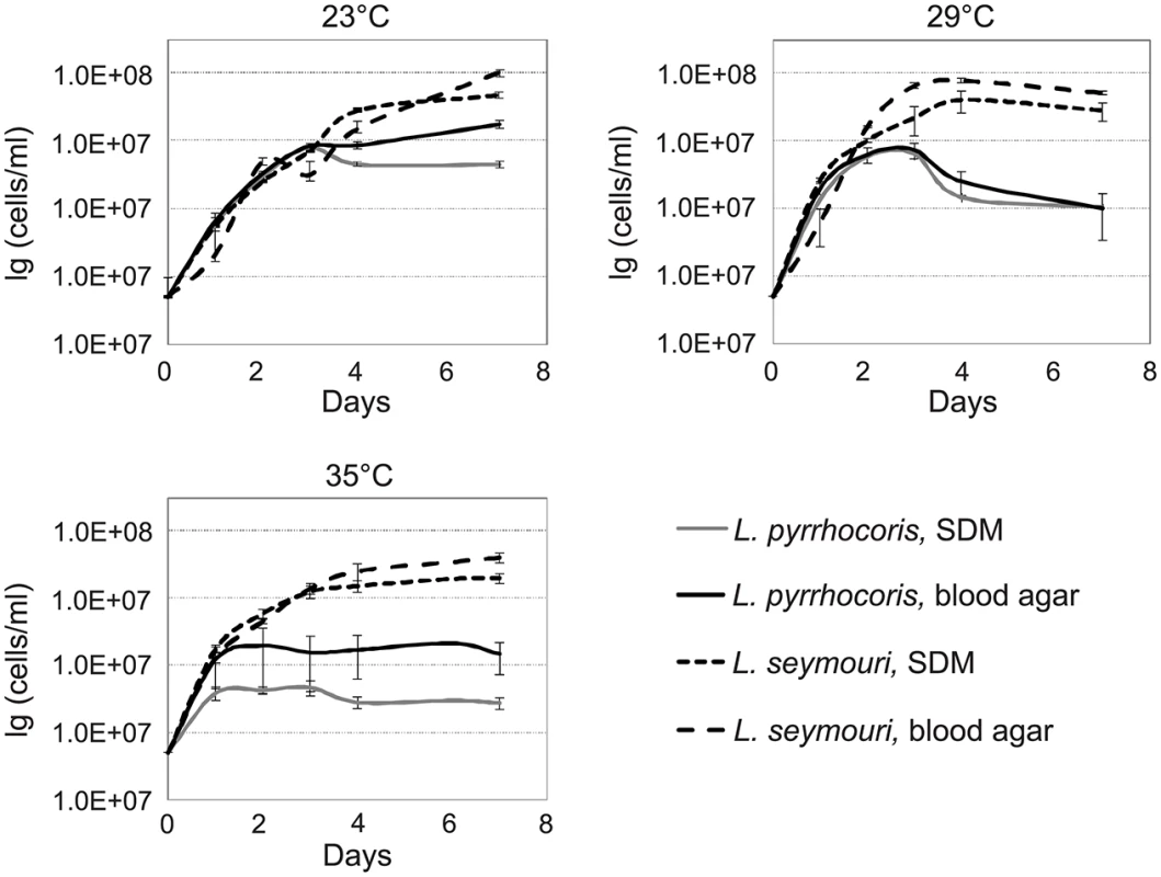 Growth kinetics of <i>Leptomonas pyrrhocoris</i> and <i>L</i>. <i>seymouri</i> at 23°C, 29°C, and 35°C in SDM and blood-agar media.